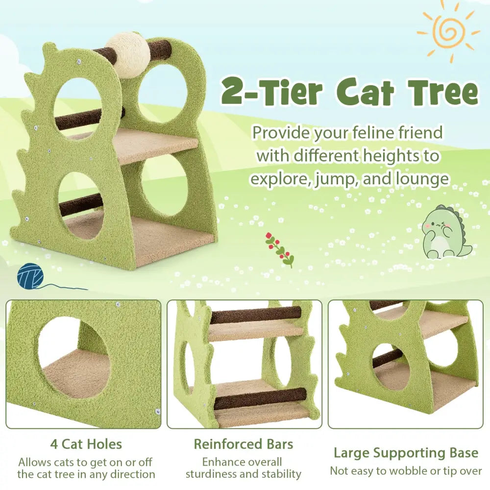 2-Tier Modern Cat Tree for Indoor Cats with Rotatable Sisal Scratching Ball-Green - Green - Cat Trees Condos &