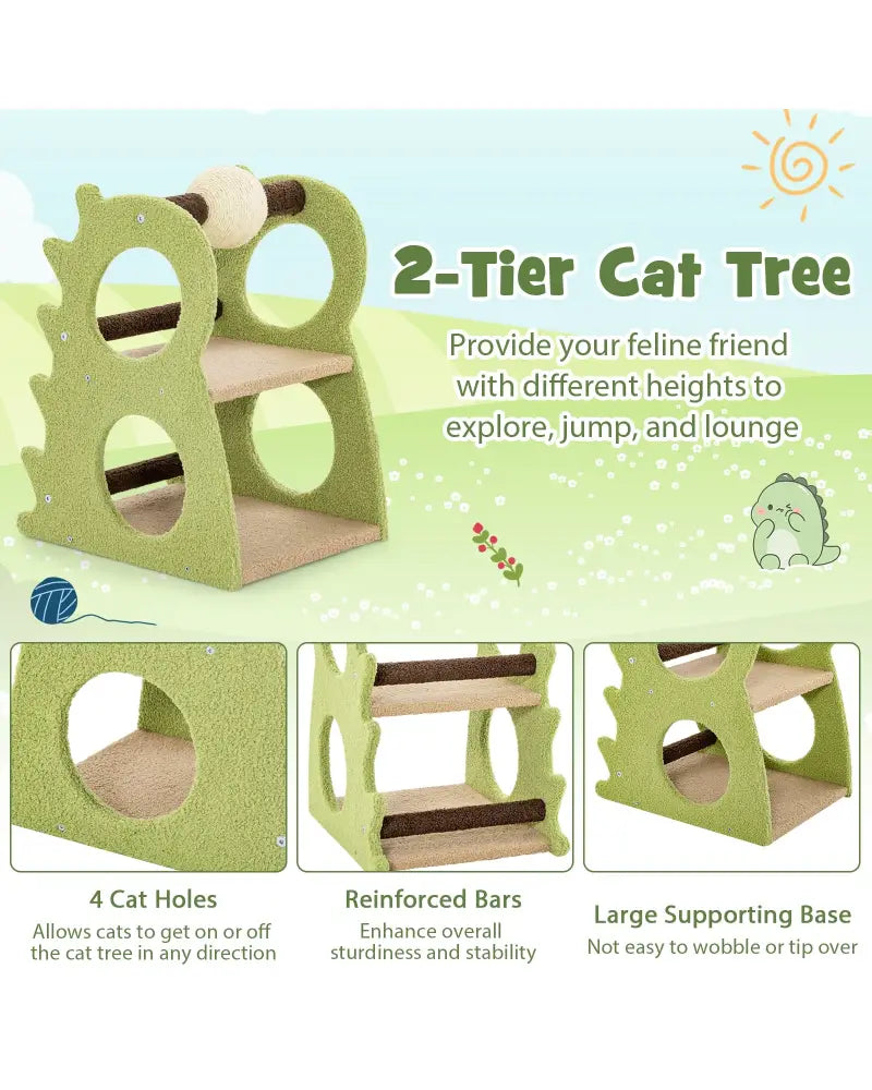 2-Tier Modern Cat Tree for Indoor Cats with Rotatable Sisal Scratching Ball-Green - Green - Cat Trees Condos &