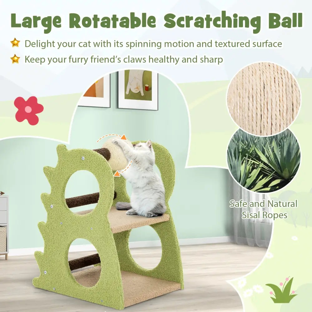 2-Tier Modern Cat Tree for Indoor Cats with Rotatable Sisal Scratching Ball-Green - Green - Cat Trees Condos &