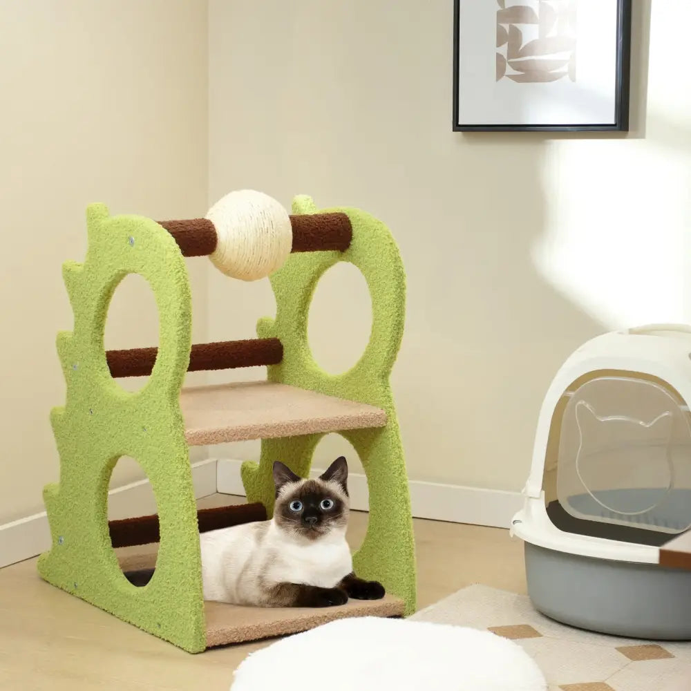 2-Tier Modern Cat Tree for Indoor Cats with Rotatable Sisal Scratching Ball-Green - Green - Cat Trees Condos &