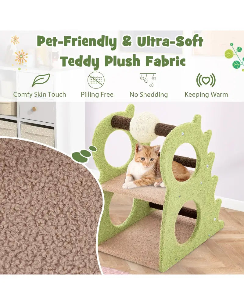 2-Tier Modern Cat Tree for Indoor Cats with Rotatable Sisal Scratching Ball-Green - Green - Cat Trees Condos &