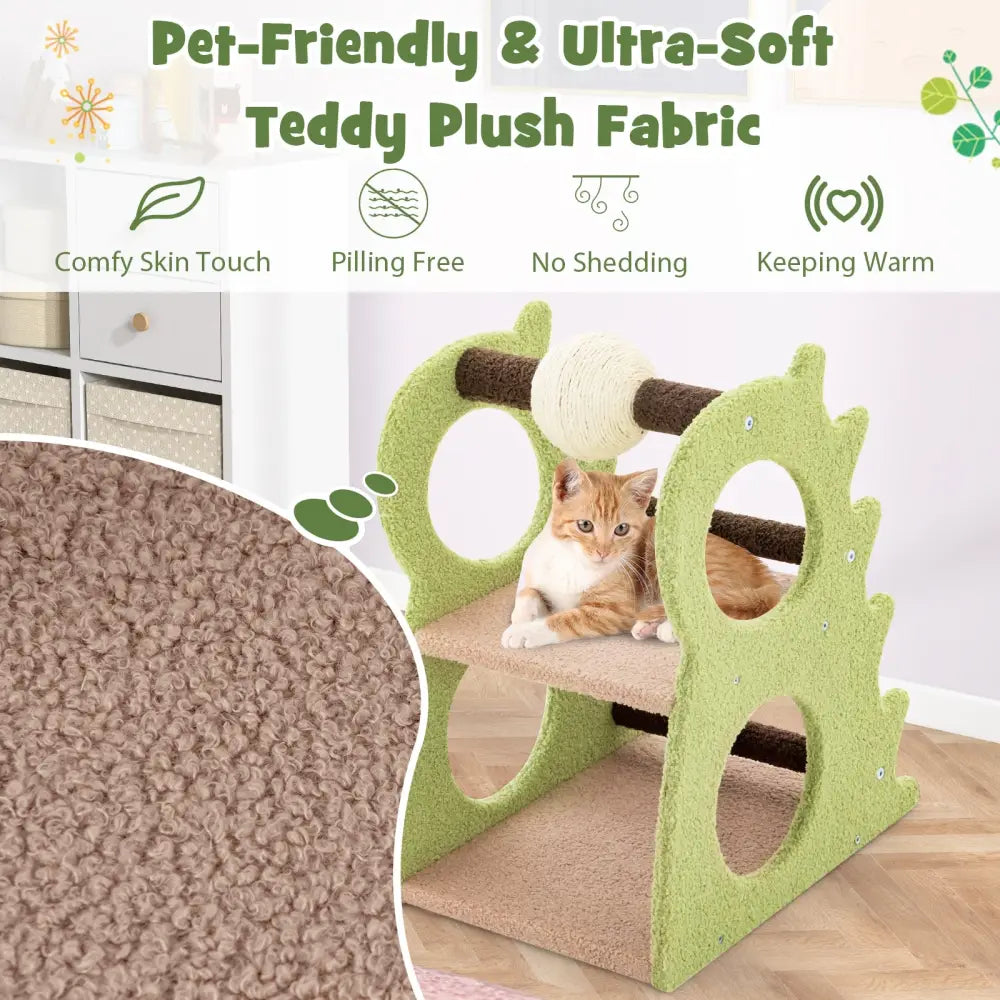 2-Tier Modern Cat Tree for Indoor Cats with Rotatable Sisal Scratching Ball-Green - Green - Cat Trees Condos &
