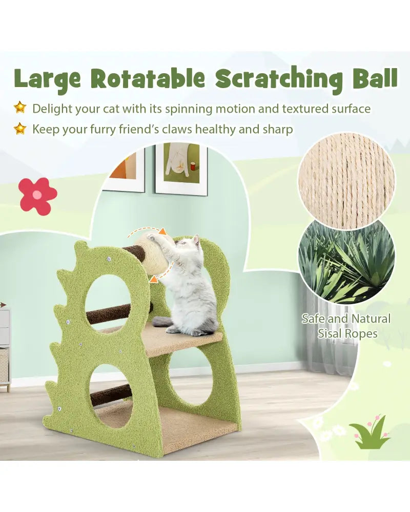 2-Tier Modern Cat Tree for Indoor Cats with Rotatable Sisal Scratching Ball-Green - Green - Cat Trees Condos &