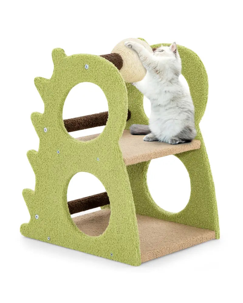 2-Tier Modern Cat Tree for Indoor Cats with Rotatable Sisal Scratching Ball-Green - Green - Cat Trees Condos &