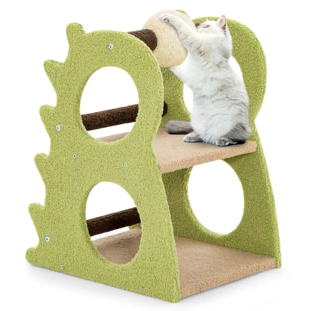 2-Tier Modern Cat Tree for Indoor Cats with Rotatable Sisal Scratching Ball-Green - Green - Cat Trees Condos &