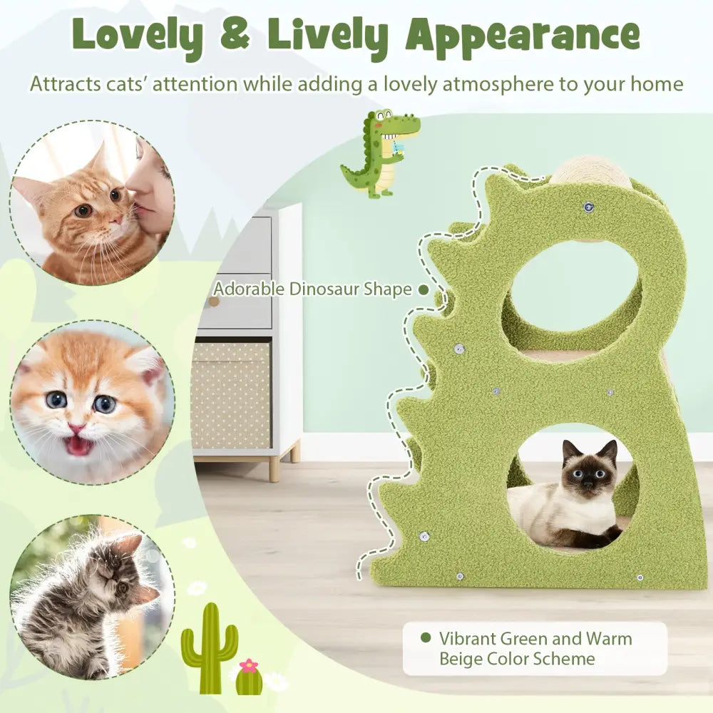 2-Tier Modern Cat Tree for Indoor Cats with Rotatable Sisal Scratching Ball-Green - Green - Cat Trees Condos &