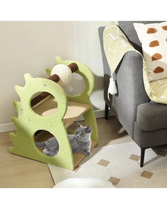 2-Tier Modern Cat Tree for Indoor Cats with Rotatable Sisal Scratching Ball-Green - Green - Cat Trees Condos &