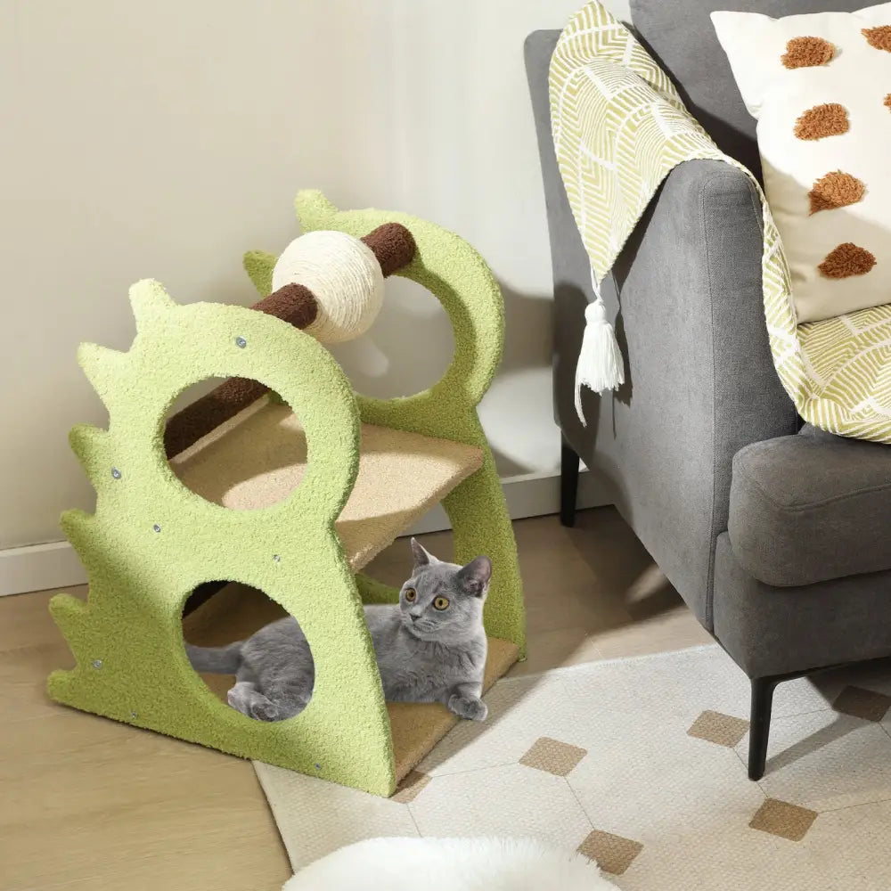 2-Tier Modern Cat Tree for Indoor Cats with Rotatable Sisal Scratching Ball-Green - Green - Cat Trees Condos &