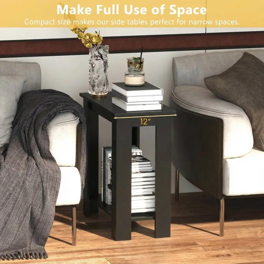 2-Tier Modern Compact End Table with Storage Shelf-Black - Black - End & Side Tables
