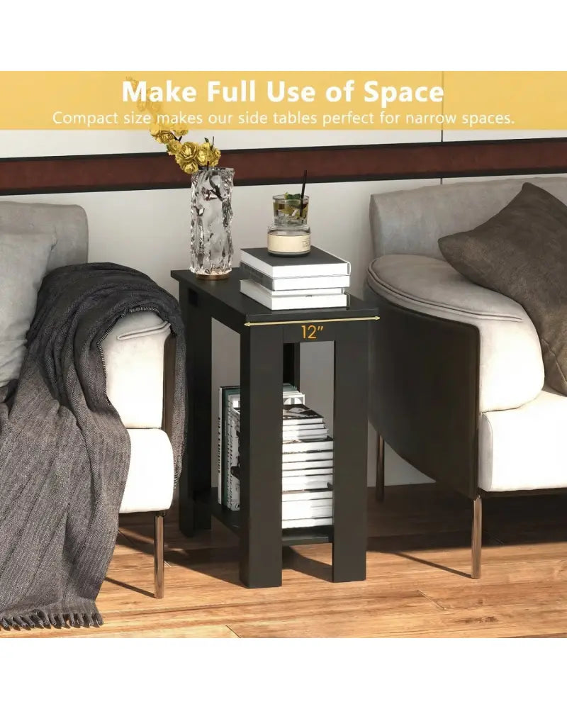2-Tier Modern Compact End Table with Storage Shelf-Black - Black - End & Side Tables