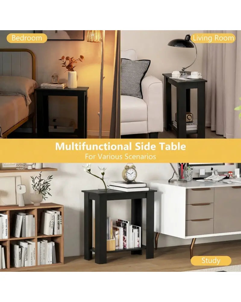 2-Tier Modern Compact End Table with Storage Shelf-Black - Black - End & Side Tables