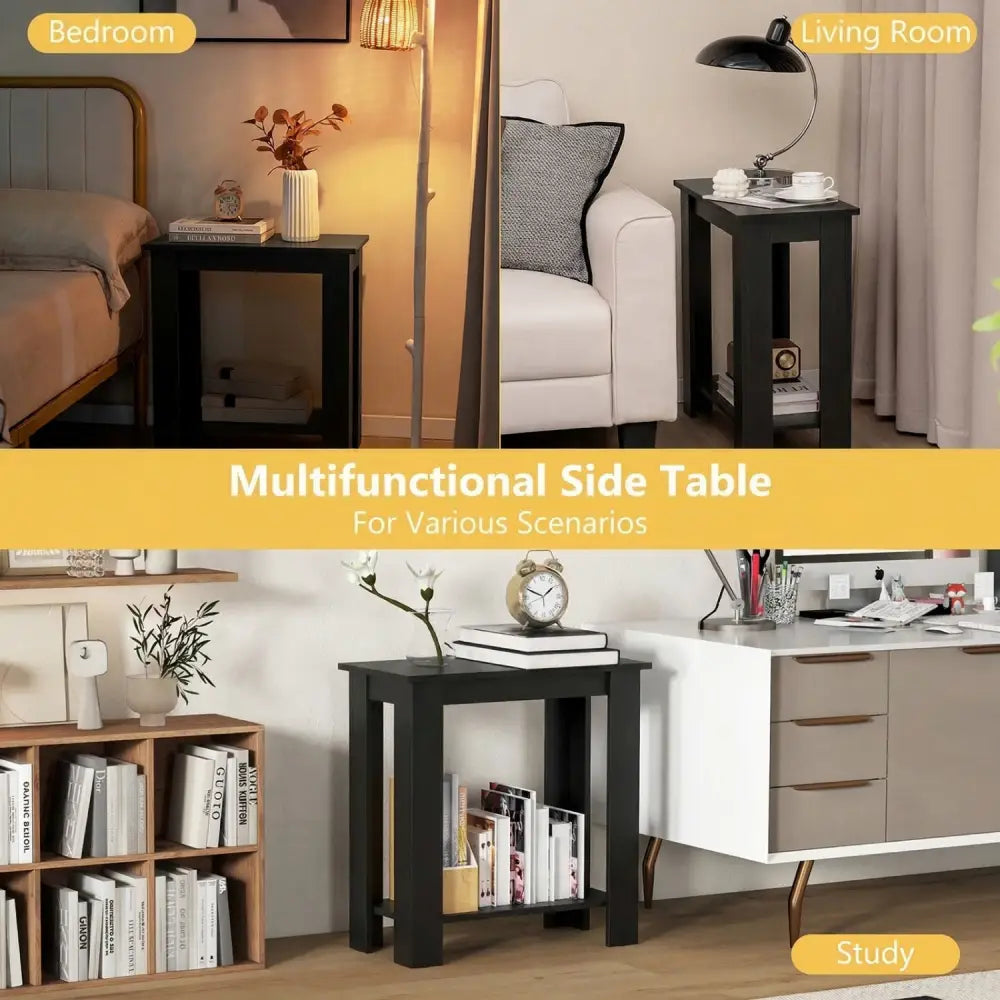 2-Tier Modern Compact End Table with Storage Shelf-Black - Black - End & Side Tables