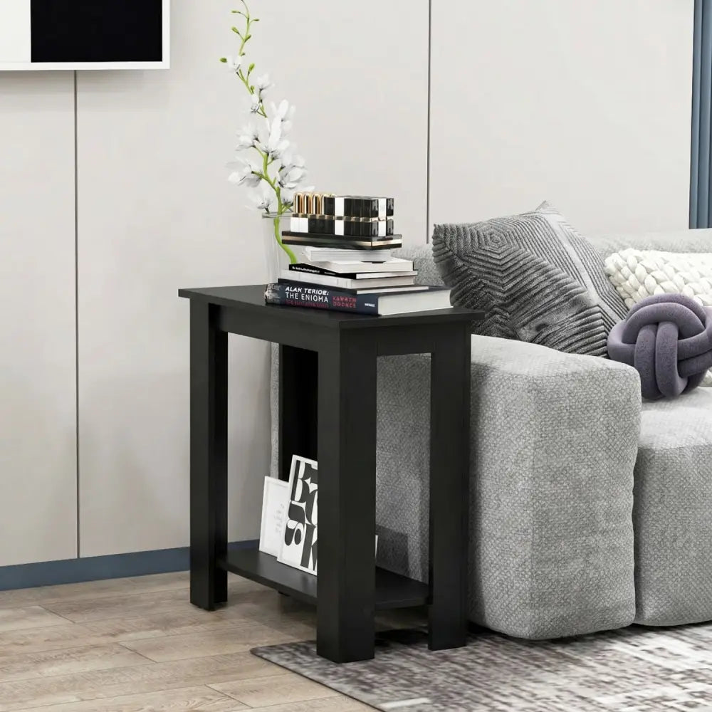 2-Tier Modern Compact End Table with Storage Shelf-Black - Black - End & Side Tables
