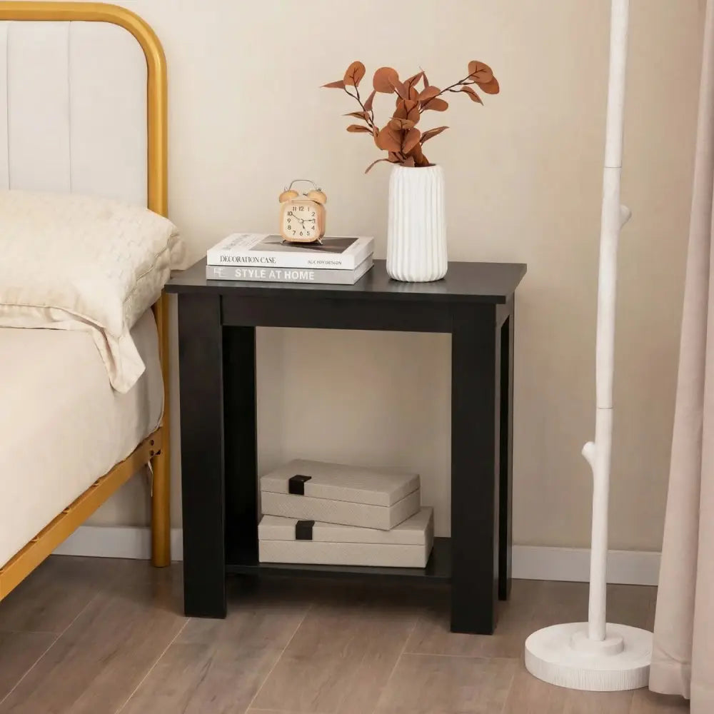 2-Tier Modern Compact End Table with Storage Shelf-Black - Black - End & Side Tables