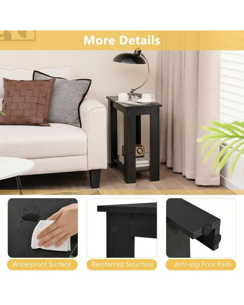 2-Tier Modern Compact End Table with Storage Shelf-Black - Black - End & Side Tables