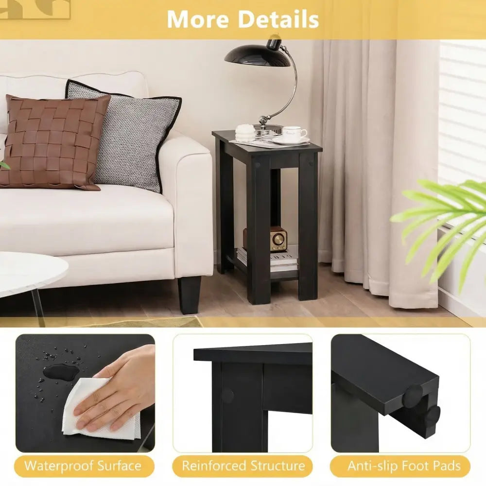 2-Tier Modern Compact End Table with Storage Shelf-Black - Black - End & Side Tables
