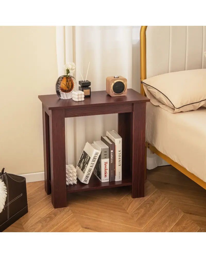 2-Tier Modern Compact End Table with Storage Shelf-Brown - Brown - End & Side Tables