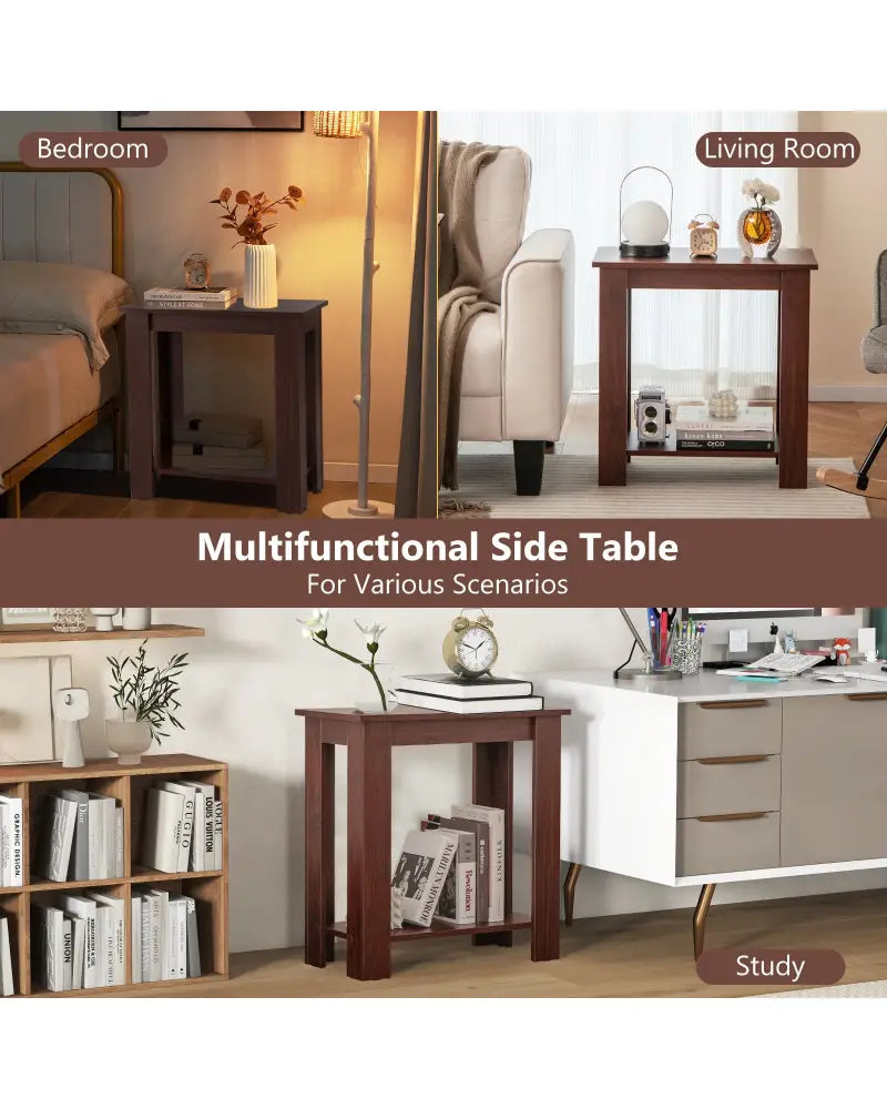 2-Tier Modern Compact End Table with Storage Shelf-Brown - Brown - End & Side Tables