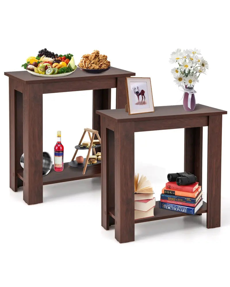 2-Tier Modern Compact End Table with Storage Shelf-Brown - Brown - End & Side Tables