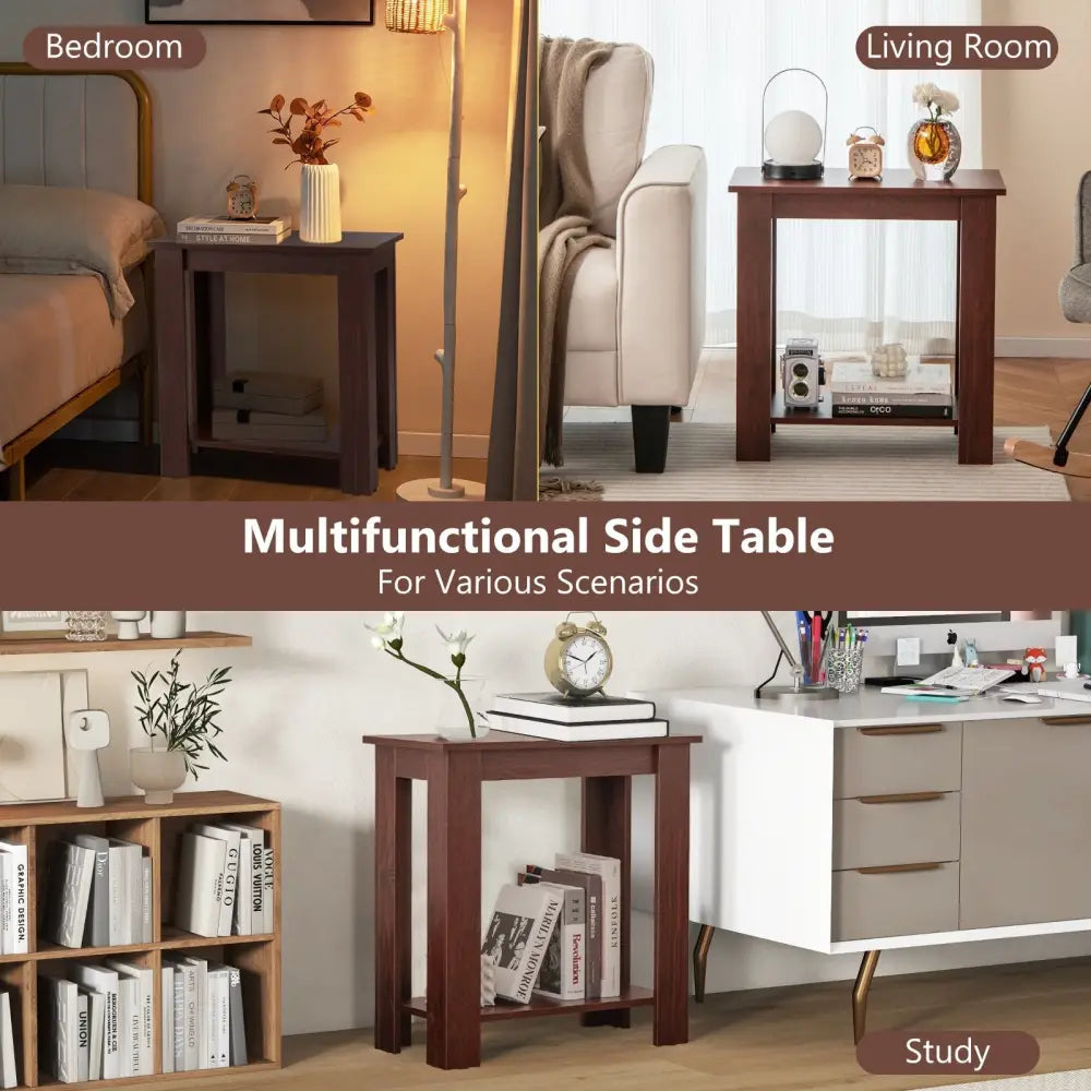 2-Tier Modern Compact End Table with Storage Shelf-Brown Costway