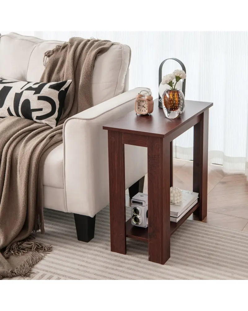 2-Tier Modern Compact End Table with Storage Shelf-Brown - Brown - End & Side Tables