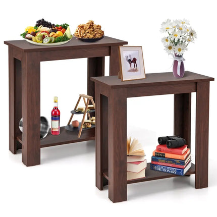 2-Tier Modern Compact End Table with Storage Shelf-Brown Costway