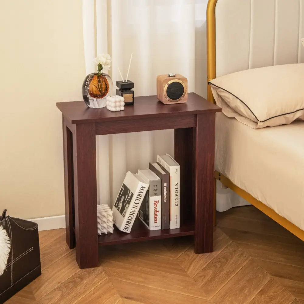 2-Tier Modern Compact End Table with Storage Shelf-Brown Costway