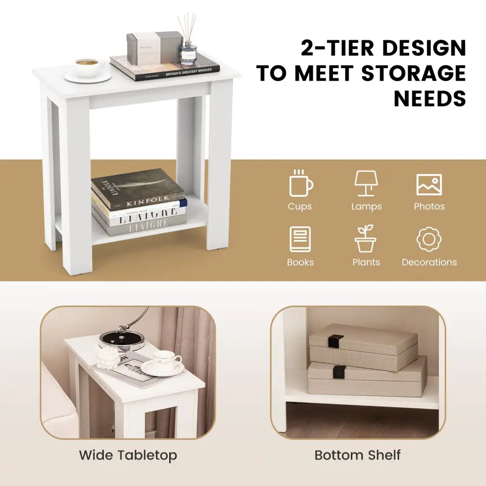 2-Tier Modern Compact End Table with Storage Shelf-White Costway