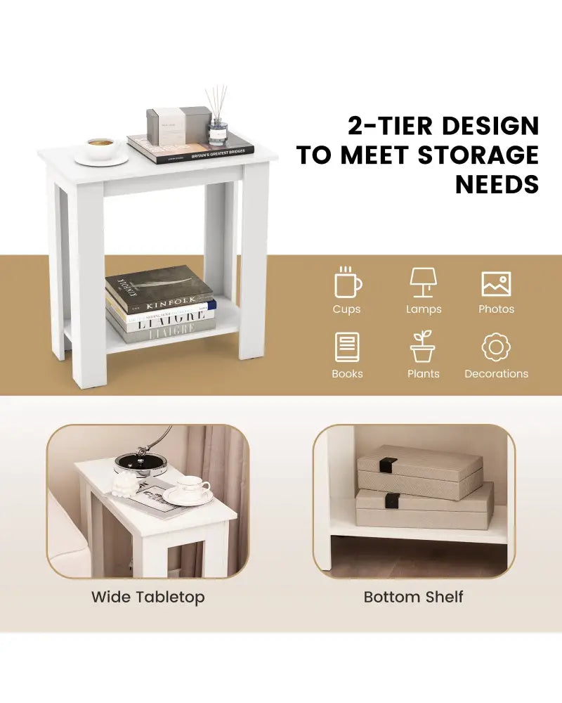 2-Tier Modern Compact End Table with Storage Shelf-White - White - End & Side Tables