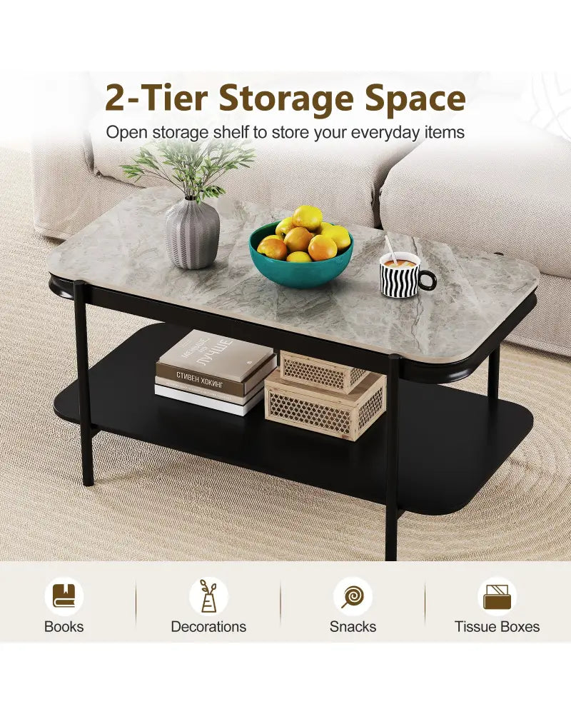 2-Tier Modern Rectangular Coffee Table with Sintered Stone Top-Gray - Gray - Coffee Tables