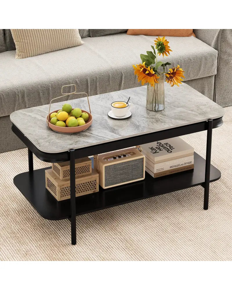 2-Tier Modern Rectangular Coffee Table with Sintered Stone Top-Gray - Gray - Coffee Tables