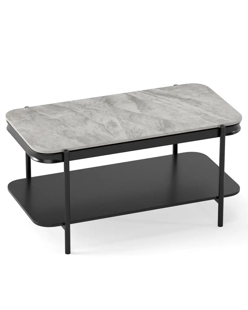 2-Tier Modern Rectangular Coffee Table with Sintered Stone Top-Gray - Gray - Coffee Tables