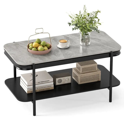 2-Tier Modern Rectangular Coffee Table with Sintered Stone Top-Gray Costway