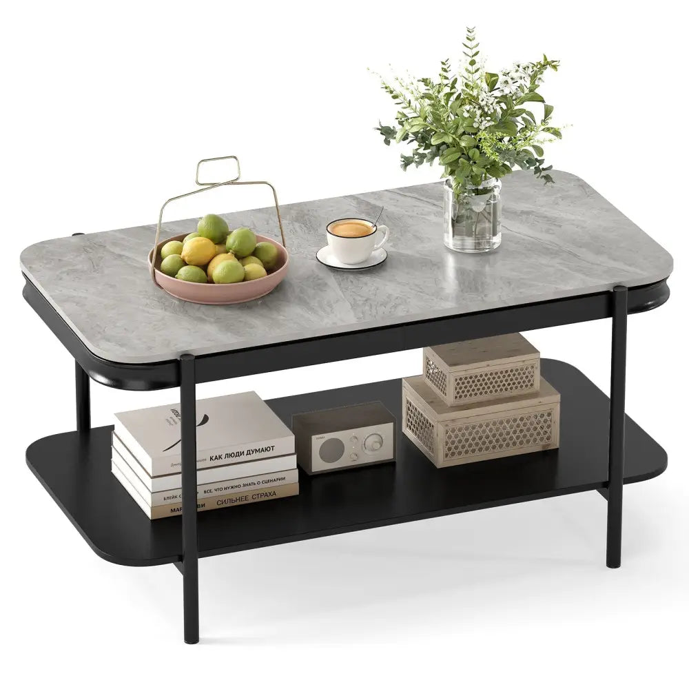 2-Tier Modern Rectangular Coffee Table with Sintered Stone Top-Gray Costway