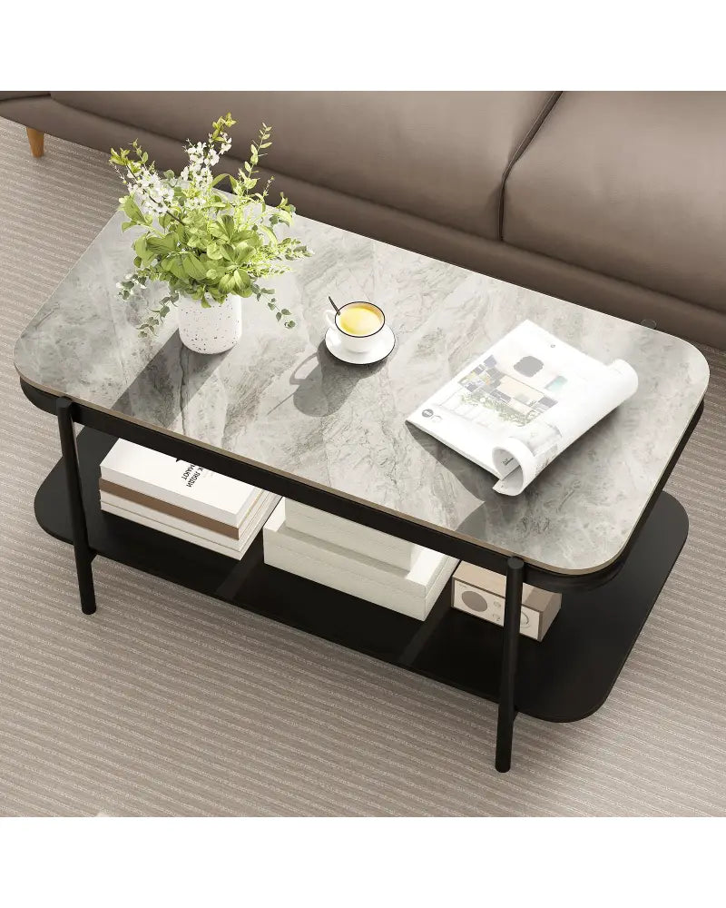 2-Tier Modern Rectangular Coffee Table with Sintered Stone Top-Gray - Gray - Coffee Tables
