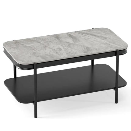 2-Tier Modern Rectangular Coffee Table with Sintered Stone Top-Gray Costway