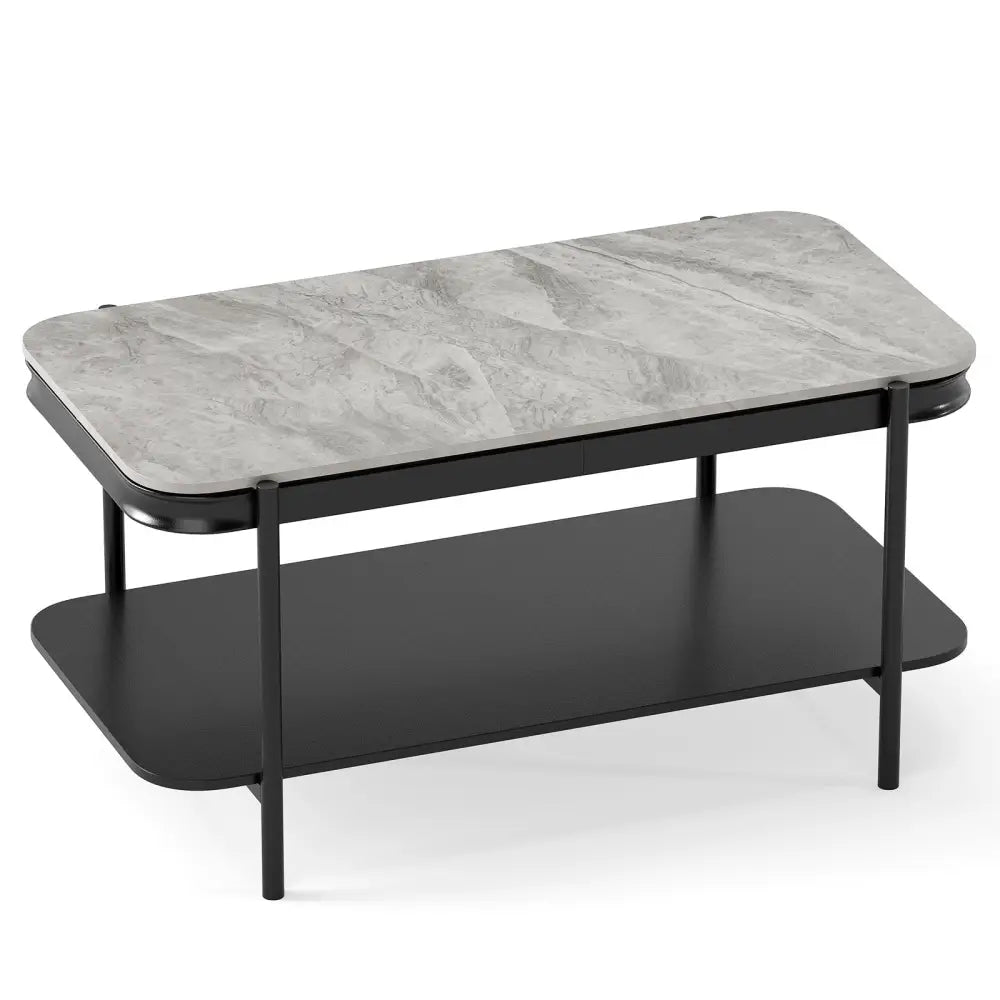 2-Tier Modern Rectangular Coffee Table with Sintered Stone Top-Gray Costway