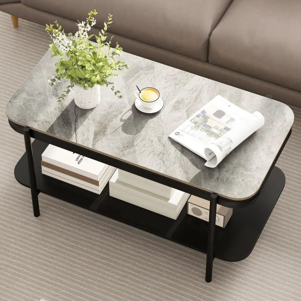 2-Tier Modern Rectangular Coffee Table with Sintered Stone Top-Gray Costway