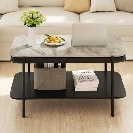 2-Tier Modern Rectangular Coffee Table with Sintered Stone Top-Gray Costway