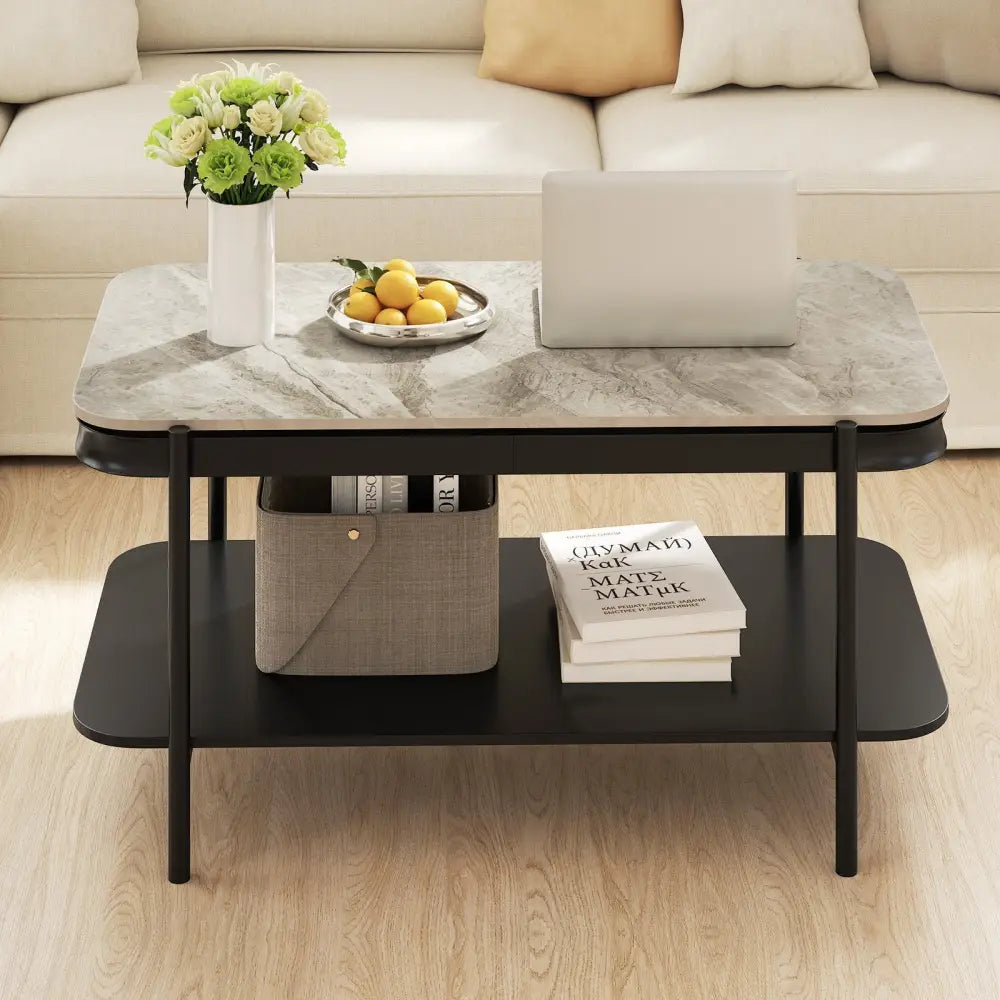 2-Tier Modern Rectangular Coffee Table with Sintered Stone Top-Gray Costway
