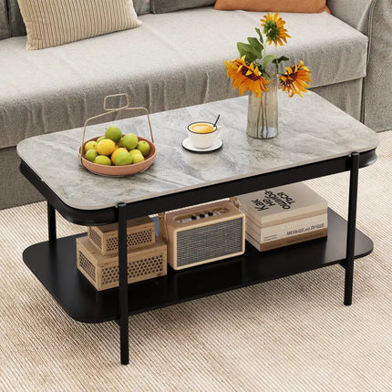 2-Tier Modern Rectangular Coffee Table with Sintered Stone Top-Gray Costway