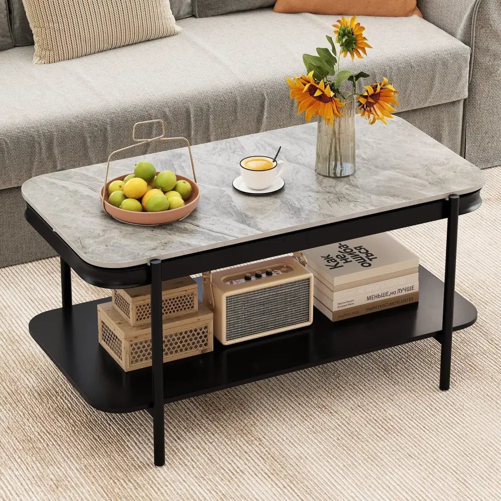 2-Tier Modern Rectangular Coffee Table with Sintered Stone Top-Gray Costway