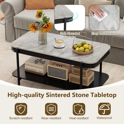 2-Tier Modern Rectangular Coffee Table with Sintered Stone Top-Gray Costway