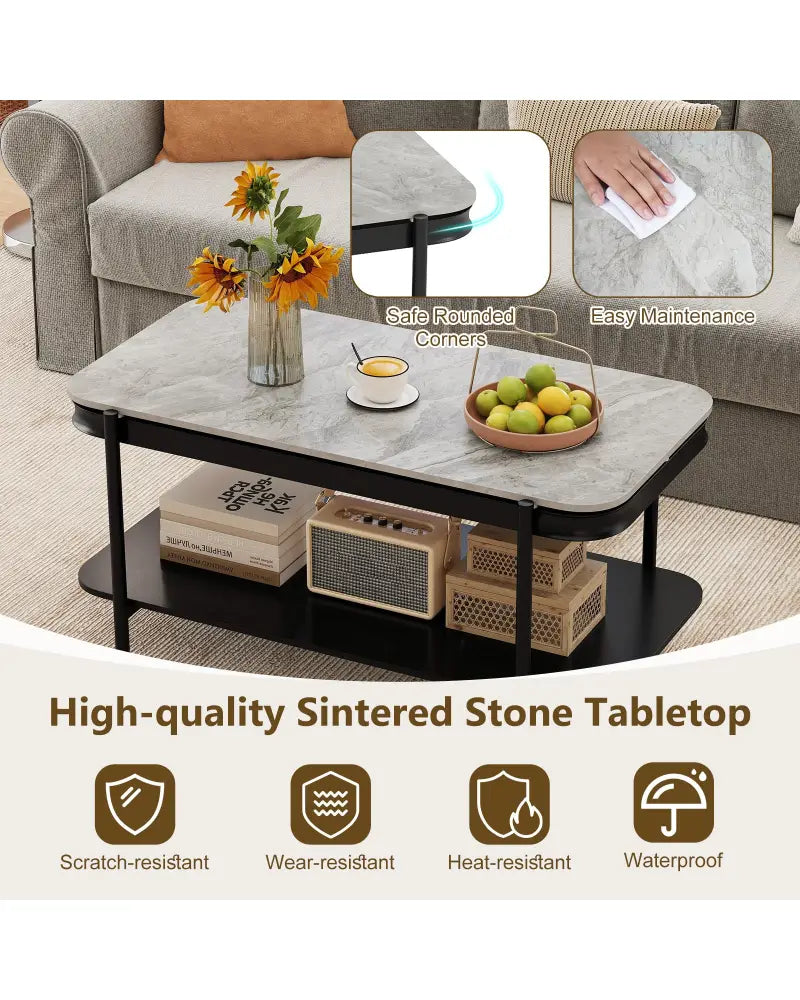 2-Tier Modern Rectangular Coffee Table with Sintered Stone Top-Gray - Gray - Coffee Tables
