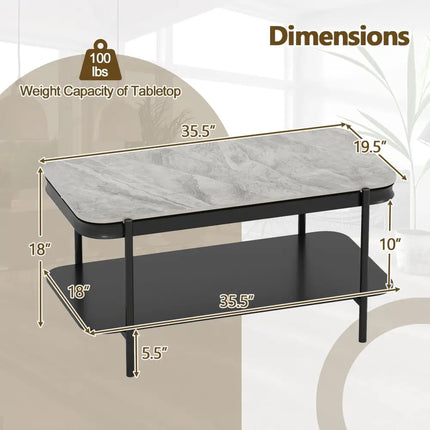 2-Tier Modern Rectangular Coffee Table with Sintered Stone Top-Gray Costway