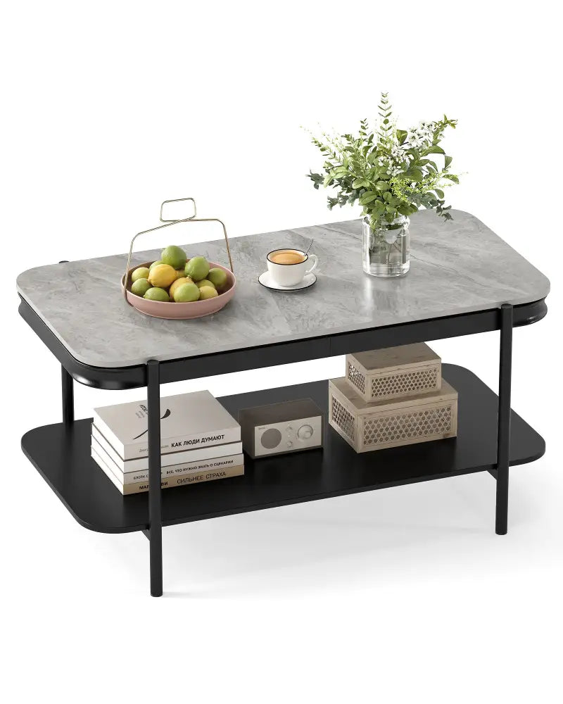 2-Tier Modern Rectangular Coffee Table with Sintered Stone Top-Gray - Gray - Coffee Tables