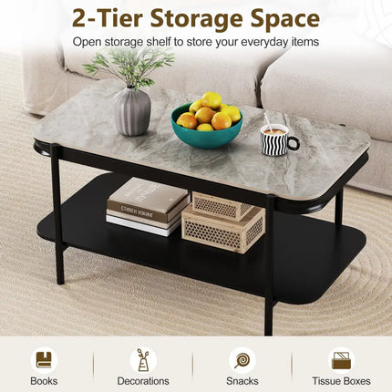 2-Tier Modern Rectangular Coffee Table with Sintered Stone Top-Gray Costway