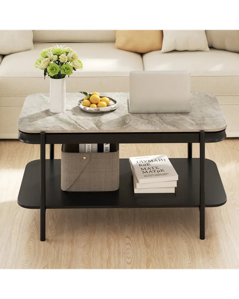 2-Tier Modern Rectangular Coffee Table with Sintered Stone Top-Gray - Gray - Coffee Tables