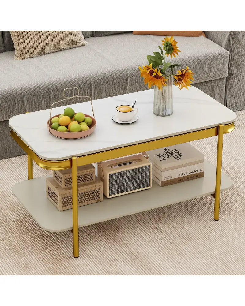 2-Tier Modern Rectangular Coffee Table with Sintered Stone Top-White - White - Coffee Tables