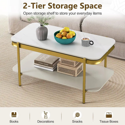 2-Tier Modern Rectangular Coffee Table with Sintered Stone Top-White Costway